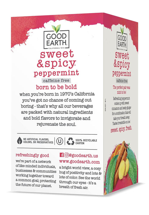 18 (Pack 6) Good Earth Tea Sweet & Spicy Caffeine Free Peppermint Herbal Tea, Teabags