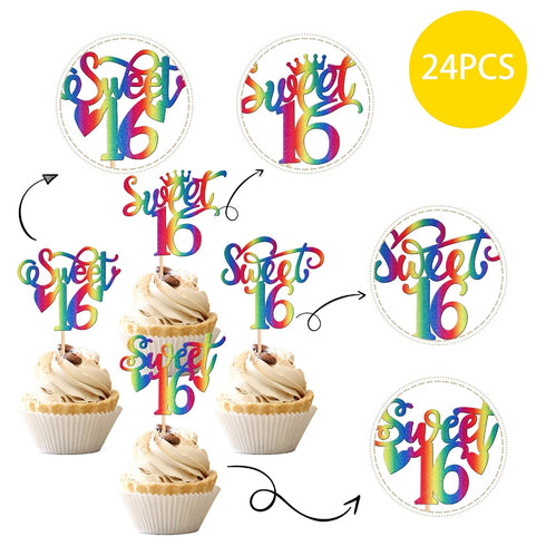 24 16 16th 16 16th PCS Sweet Cupcake Toppers with Heart Sixteen Happy Birthday Cupcake Picks Cheers to Years Birthday