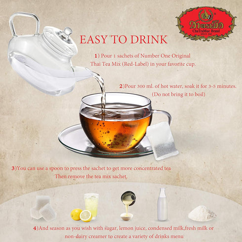 50 Number One Original Thai Tea Mix ChaTraMue Thai Tea for Boba Tea, Hot Tea, Iced Tea (Red Label Tea Bags)