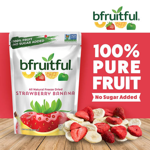 0.56 oz Packets, 12 Pack bfruitful Freeze-Dried Strawberry Banana, Freeze Dried Fresh Fruit Bites, Gluten Free, Vegan