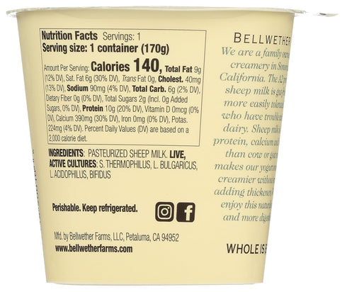 Bellwether Farms 6 oz , Sheep Milk Yogurt, Plain