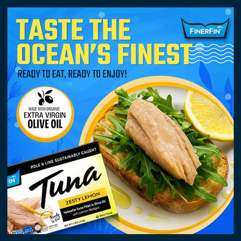 4.4 oz FinerFin Premium Zesty Lemon Yellowfin Tuna Fillets in Organic Extra Virgin Olive Oil, | Hand Cut | Gourmet