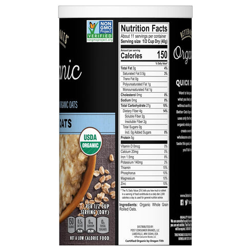 Post 16 OZ (Pack 5) Better Oats Organic Quick Oats, Organic Oats for Quick Oatmeal and Overnight Oats, Certified USDA
