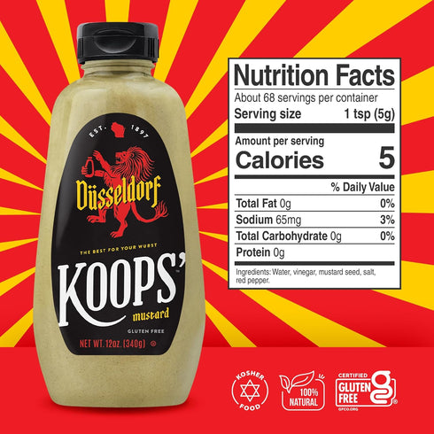 12 Oz, Pack 6 Koops' Dusseldorf Mustard German-Style Bratwurst Mustard, Gluten-Free, Kosher, Made in USA, From Quality