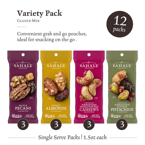 Pack, 1.5 Oz (12 Packs) Sahale Snacks Glazed Mix Nut Blend Variety Grab & Go Bags Total - Four Different Dry-Roasted