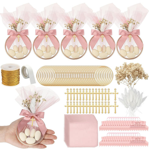 Geelin 24 Set Baptism Almond Candy Favors Christening Tulle Bags Rings Ribbion