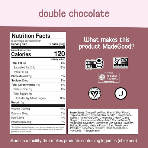 0.85oz MadeGood Double Chocolate Soft-Baked Cookies, Each, Organic Snacks