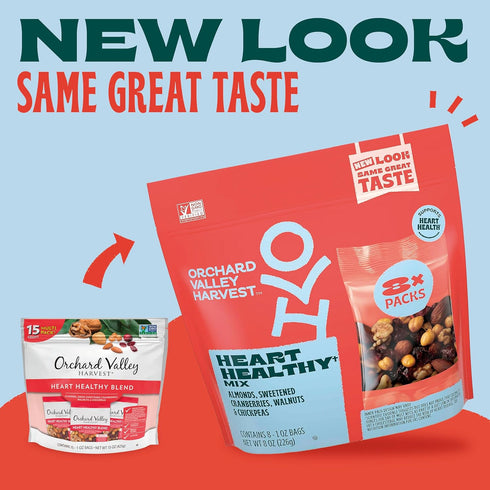 1 (Pack 8), Orchard Valley Harvest Heart Healthy Blend, Ounce Bags of Almonds, Cranberries, Walnuts, and Chickpeas