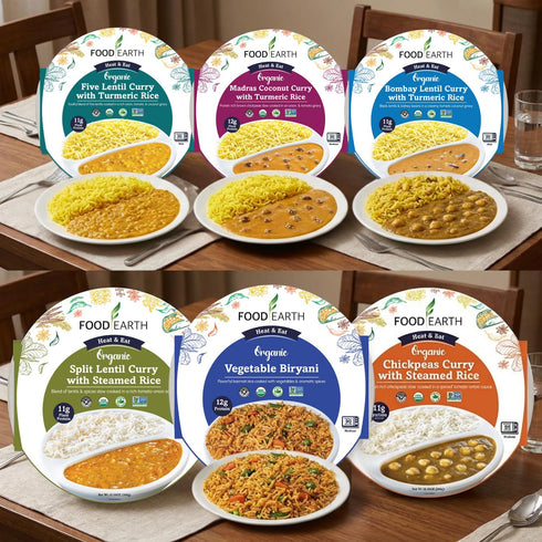 Pack Pack (6 Pack) Food Earth Ready to Eat Indian Meals Six Flavor Variety Organic, Microwavable, Premade & Quick Lunch
