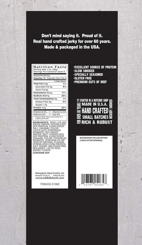 6.5oz Pack Wild Bill's Hickory Smoked Beef Jerky (re-sealable)
