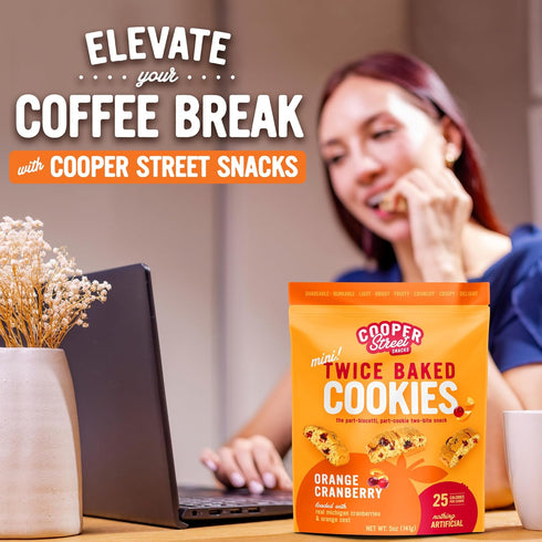 Cooper Street Twice Baked Orange Cranberry Biscotti Cookies - Light & Crispy Coffee Cookie Bites, 5oz, Kosher, Low