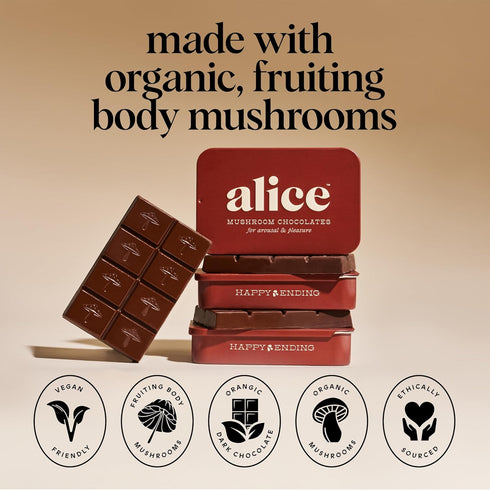 Alice Mushrooms Happy Ending | Sensual Mushroom Chocolates | Improves Mood, Performance, Vitality, Energy