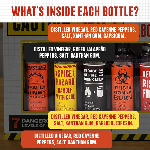 7pk Set Caution Hot Sauce Laboratory Assorted Spicy Flavors with Garlic, Jalapeo, Chipotle, Carolina Reaper & Habanero