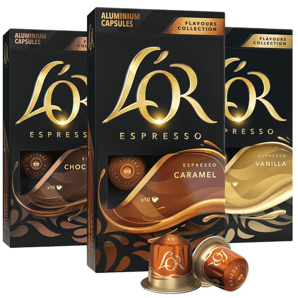 L'OR Espresso Capsules, 30 Count Variety Pack Vanilla/Chocolate/Caramel, Single-Serve Aluminum Coffee Capsules Compatible