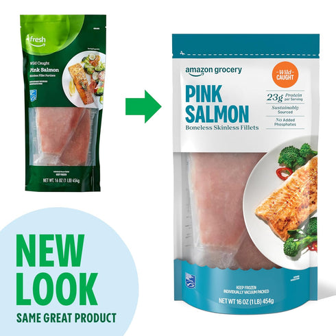 Amazon Fresh Frozen, 1 Lb Brand, Wild Caught Pink Salmon Skinless Fillet Portions, Sustainably Sourced, Phosphate Free