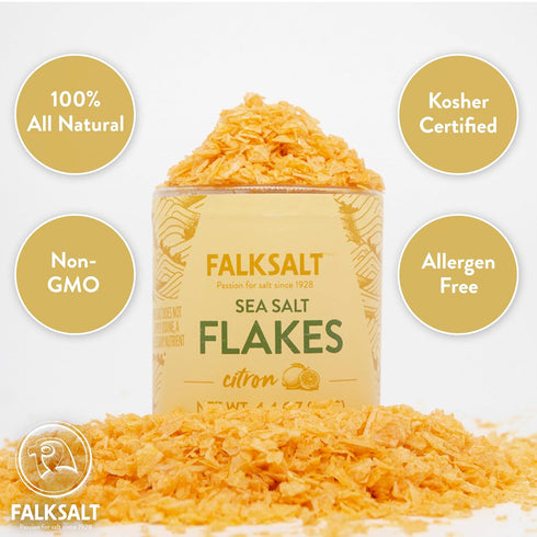(2.47 oz) Falksalt - Citron Lemon Sea Salt Flakes, Handcrafted, Kosher, and All Natural Finishing Salt