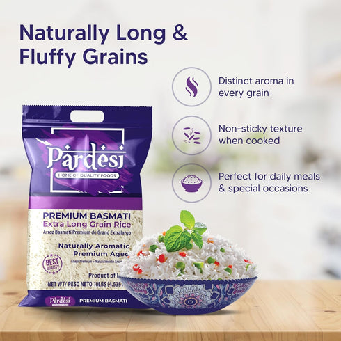 10LB Pardesi Extra Long Grain Basmati Premium Rice - Extra Long Grain Basmati for Biryani, Pulao & Everyday Rice |