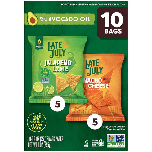 Pack 0.9 Oz 10 Count LATE JULY Snacks Variety Tortilla Chips, Snack Bags