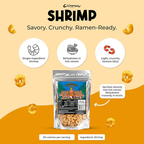 CHIRAMEN Freeze Dried Shrimp Ramen Toppings Real Cooked Shrimp for Ramen, Cup Noodles, Soup & Instant Noodle Bowls Easy