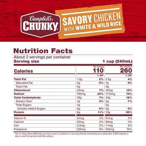 18.8 Oz (Pack 2) Campbell's Chunky Soup, Savory Chicken with White and Wild Rice Soup, Can