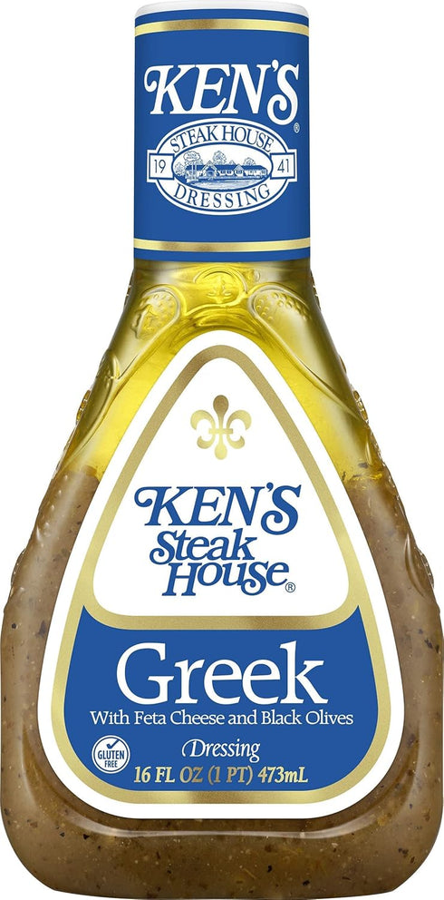 16 Oz (Pack 6) Kens Steakhouse Dressing, Greek Dressing with Feta Cheese & Black Olives, Gluten Free Dressing