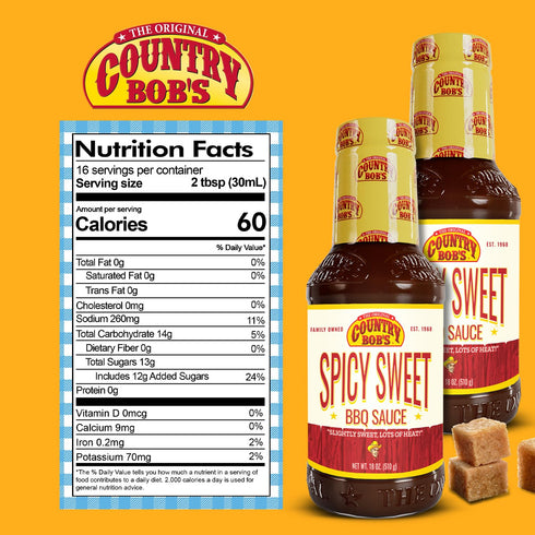 Country 18 oz (Pack 2) Bob's Spicy Sweet BBQ Sauce, Slightly Sweet with Bold Heat, Flavorful Hot for Grilling, Made