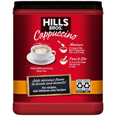 1 Pack 16oz Hills Bros. Cappuccino Mix Rich, Frothy Coffeehouse-Tasting Instant Drink Mix Quick and Easy Preparation