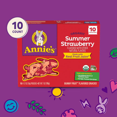 Summer 10 7 oz Annie's Organic Bunny Fruit Flavored Snacks, Strawberry, Gluten Free, Pouches