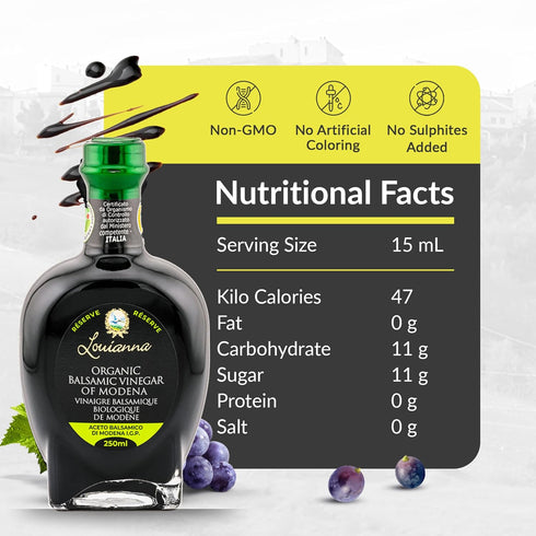 250 mL Louianna - Organic Balsamic Vinegar of Modena, High Polyphenol Aged Balsamic Vinegar, Aromatic Vinegar Made