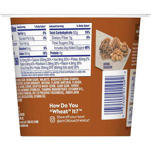 Cream of Wheat 2.29 (Pack 6) Instant Hot Cereal To-Go Cups, Maple Brown Sugar Walnut, Ounce