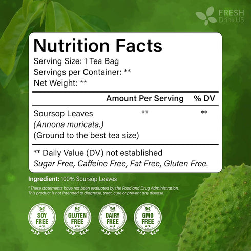 60 100% FreshDrinkUS, Premium - The Top Soursop Graviola Leaf Tea Bags, Pure & Natural from Soursop Leaves, Handmade