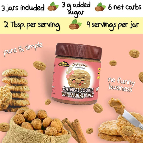 3 9.25 oz (Pack 3) Crazy Go Nuts Oatmeal Cookie Walnut Butter - Healthy Snack with Omega Fatty Acids and Antioxidants