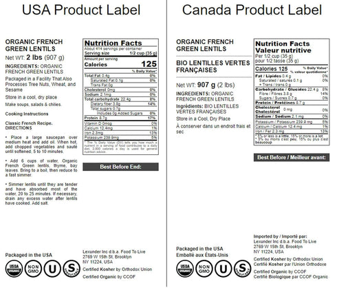 2 Food to Live Organic French Green Lentils, Pounds Non-GMO, Whole Dry Beans, Raw, Sproutable, Vegan, Kosher, Bulk.
