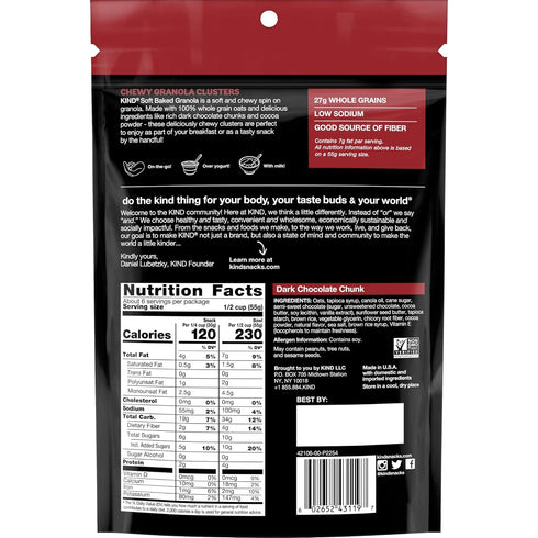 100% 4g 11oz, 1 Count (Pack 2) KIND Soft Baked Granola, Dark Chocolate Chunk, Healthy Snacks, Gluten Free, Whole