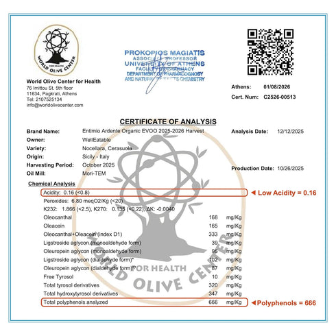 600+ 2025 8.5 oz Entimio Ardente Organic Italian Extra Virgin Olive Oil from Italy, mg/kg High in Polyphenols, Gold
