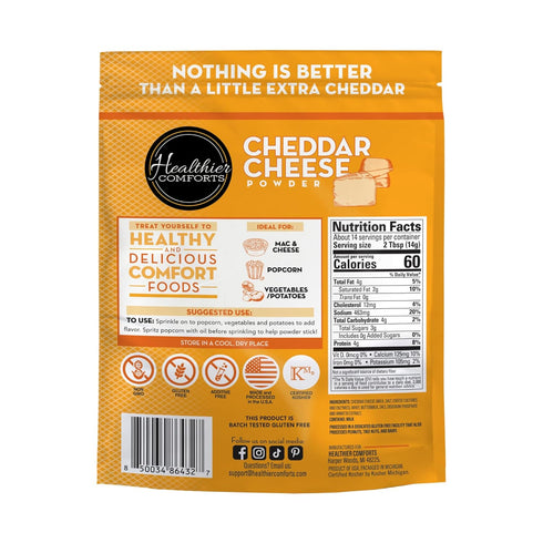 (7 oz) (7 oz) Healthier Comforts Cheddar Cheese Powder | Premium Yellow Cheddar | Batch Tested Gluten Free, Kosher, No