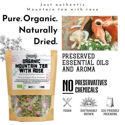 1.76oz APSOGO Organic Mountain Tea with Rose - Herbal Infused Tea - Premium Quality & Excellent Taste - Produced