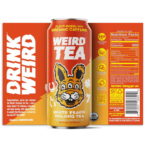 16oz 160mg Pack 12 Drink Weird Organic White Peach Oolong Tea Cans, Organic Caffeine, of A Refreshing Energy Drink