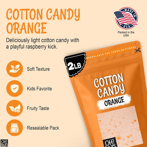 2 LB Oh! Nuts Fresh Cotton Candy Sugar Floss - Orange Flavor- Bulk Bag | Party Flavors for Kids, Adult Birthday Treats