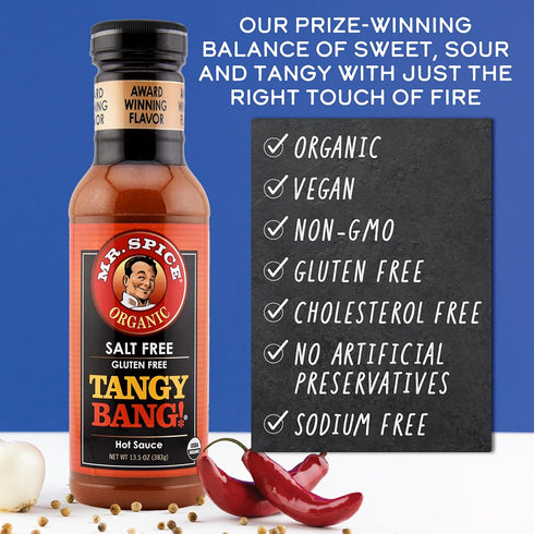 (0mg/serving), 13.5 (Pack 1) Mr. Spice Organic Hot Sauce, Salt Free Tangy Bang Hot Sauce Gluten Free, Low Sodium Sauces