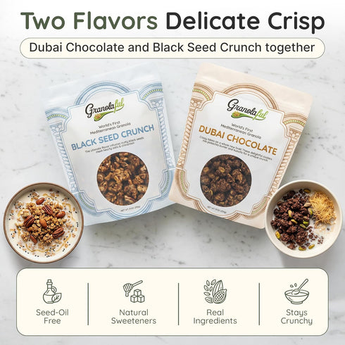 Pack 9oz (2-Pack) Granolaful Variety Dubai Chocolate Cereal & Original Mediterranean Crunch | Real Ingredients