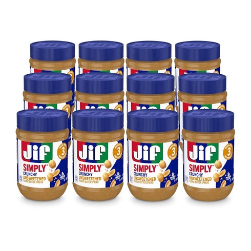 Jif Simply Crunchy Peanut Butter Spread, Unsweetened, 15-Ounce Jar (Pack of 12)