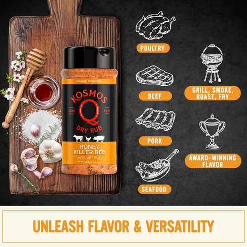 13.2 Oz Kosmos Q Honey Killer Bee BBQ Dry Rub, Sweet Seasoning with Brown Sugar, Honey, Garlic & Paprika for Chicken