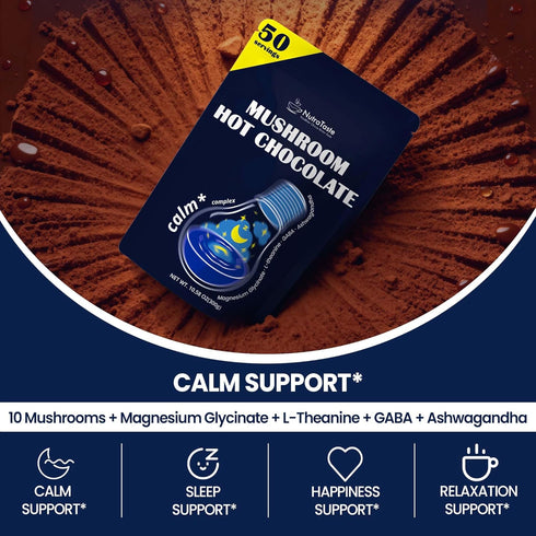 50 10 Mushroom Hot Chocolate for Calm, Servings Cocoa Powder | Mushrooms Supplements with Magnesium Glycinate