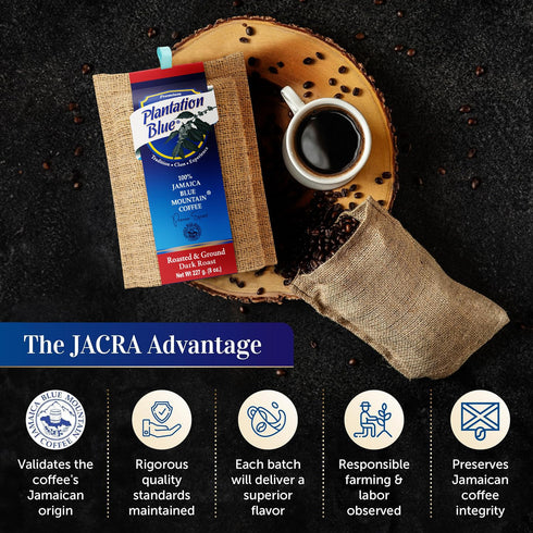 100% (8oz) PREMIUM PLANTATION BLUE TRADITION CLASS EXPERIENCE Blue Mountain Coffee, Dark Roast, Ground, Jamaican Coffee