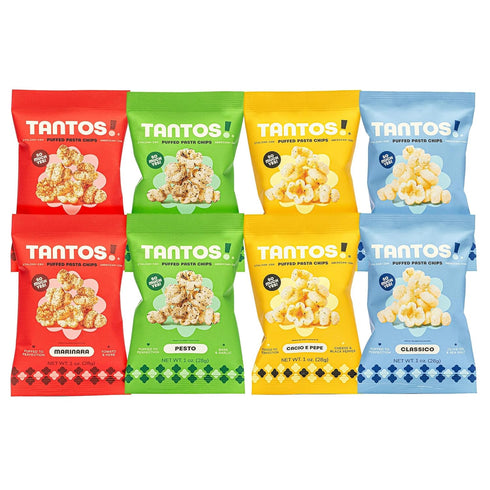 Pack 1 oz, Pack 8 Tantos Puffed Pasta Chips Variety Pesto, Marinara, Cacio e Pepe, Classico Plant Based Low Calorie