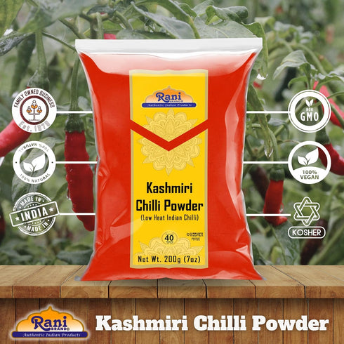 Rani Kashmiri Chilli Powder (Deggi Mirch, Low Heat), Ground Indian Spice, 7oz (200g), All Natural, Vegan