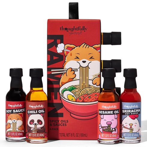 Thoughtfully Gourmet Ramen Spicy Oils and Sauces Set of 4, Includes Soy Sauce, Chili Oil, Sesame Oil, Sriracha