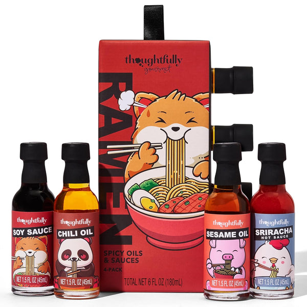 Thoughtfully Gourmet Ramen Spicy Oils and Sauces Set of 4, Includes Soy Sauce, Chili Oil, Sesame Oil, Sriracha