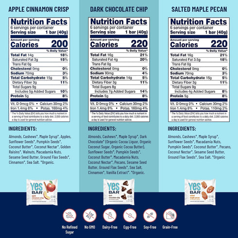 Pack 6 Count YES Nut Bars - Six Flavor Variety - Soft Chewy Healthy Snack Bars Made with Organic Maple Syrup Vegan